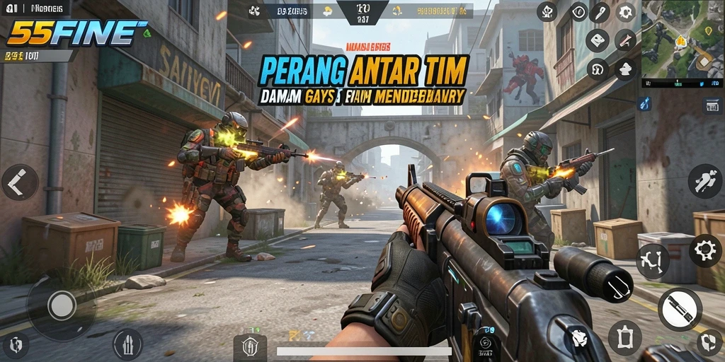 Tampilan gameplay mendebarkan dari 55FIVE dalam aksi FPS.