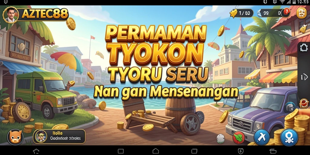 Tampilan gameplay AZTEC88 menampilkan aktivitas membangun kerajaan bisnis.