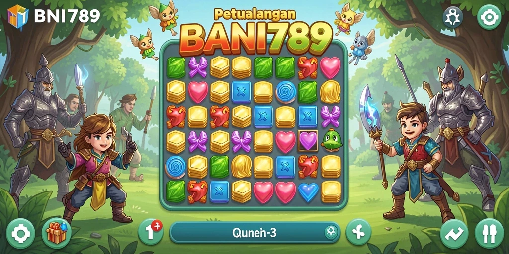 Screenshot gameplay BNI789 menunjukkan aksi seru mencocokkan permata.