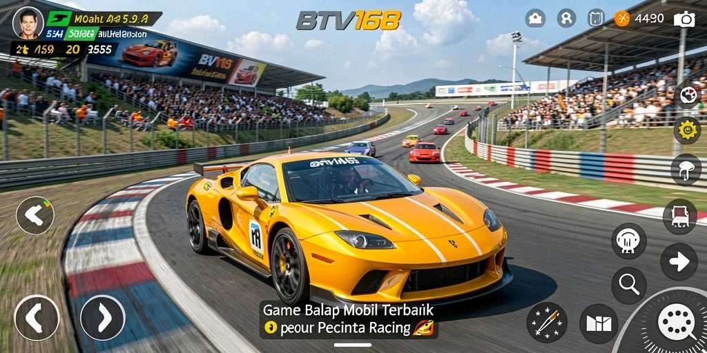 Screenshot gameplay BTV168 menampilkan mobil balap yang melaju cepat di lintasan.