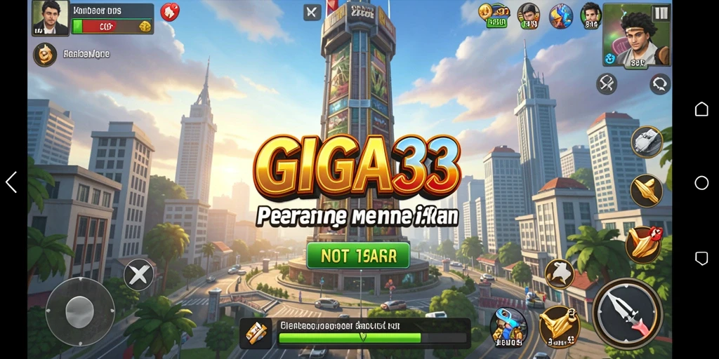 Tampilan utama gameplay GIGA33 dengan pertahanan menara dan serangan musuh.