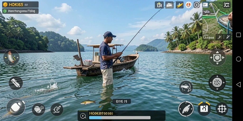 Tampilan gameplay HOKI65 dengan suasana memancing yang menakjubkan.