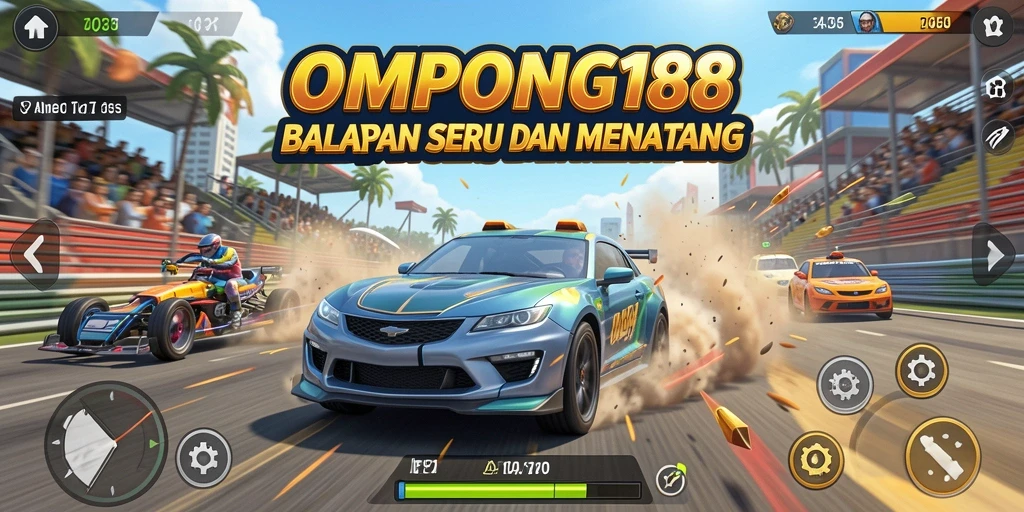 Screenshot gameplay seru OMPONG188 saat balapan di trek yang menantang.