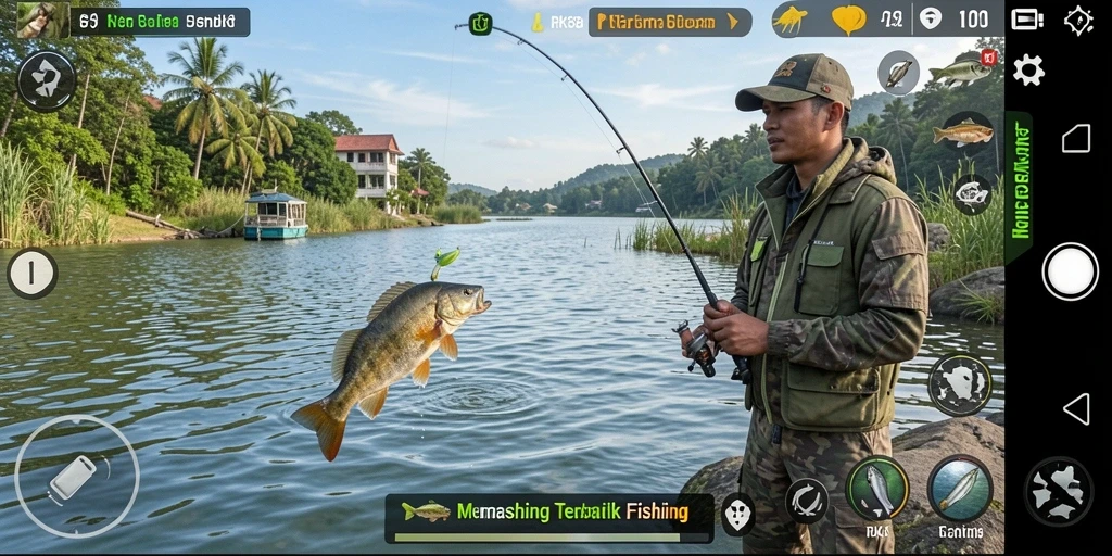 Screenshot RK88 menampilkan aksi memancing yang mendebarkan dengan berbagai ikan yang menunggu untuk ditangkap.