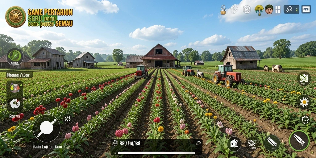 Screenshot gameplay <strong>RR789</strong> yang menunjukkan kebun yang indah dan aktif.