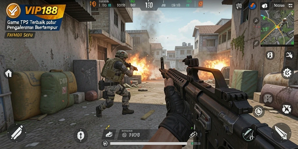Screenshot dari gameplay VIP188 menampilkan aksi pertempuran TPS yang seru.